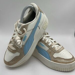 Puma Carina Platform White and Blue Athletic Sneakers with Retro Design Womens 7